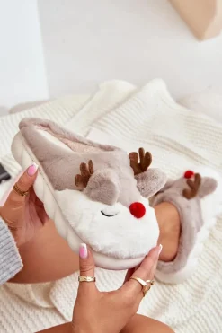 Futrzane Kapcie Damskie Z Motywem Renifera Beżowe Wistira