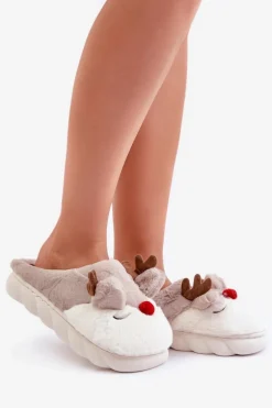 Futrzane Kapcie Damskie Z Motywem Renifera Beżowe Wistira