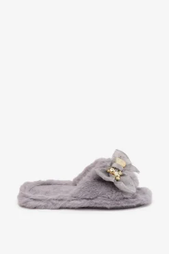 Futrzane Kapcie Damskie Z Kokardą I Złotą Ozdobą Szare Nolara
