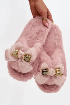 Futrzane Kapcie Damskie Z Kokardą I Złotą Ozdobą Różowe Nolara