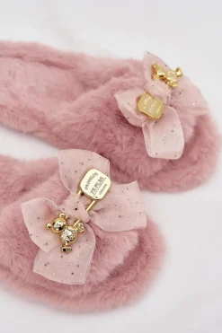 Futrzane Kapcie Damskie Z Kokardą I Złotą Ozdobą Różowe Nolara