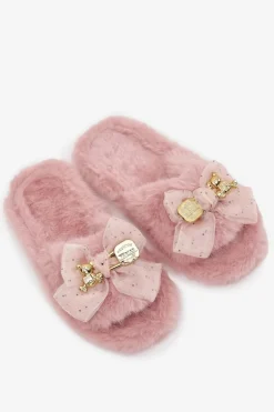 Futrzane Kapcie Damskie Z Kokardą I Złotą Ozdobą Różowe Nolara