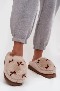 Futrzane Kapcie Damskie Z Kokardkami Beżowe Saviera