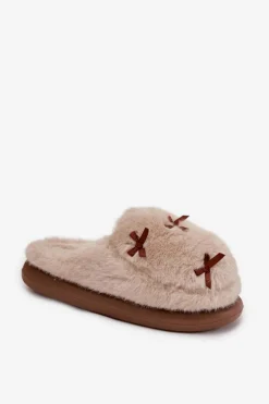 Futrzane Kapcie Damskie Z Kokardkami Beżowe Saviera