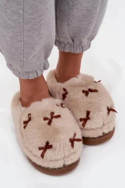 Futrzane Kapcie Damskie Z Kokardkami Beżowe Saviera