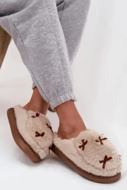 Futrzane Kapcie Damskie Z Kokardkami Beżowe Saviera