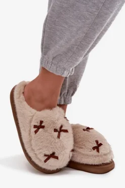 Futrzane Kapcie Damskie Z Kokardkami Beżowe Saviera