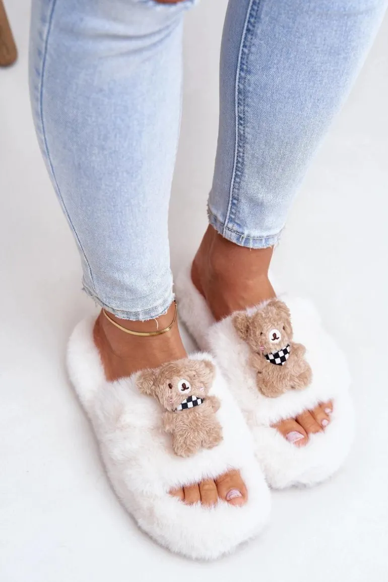 Futrzane Kapcie Damskie Z Misiem Białe Romania