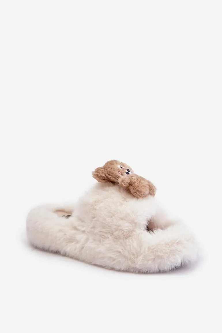 Futrzane Kapcie Damskie Z Misiem Białe Romania