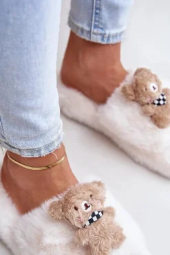 Futrzane Kapcie Damskie Z Misiem Białe Romania