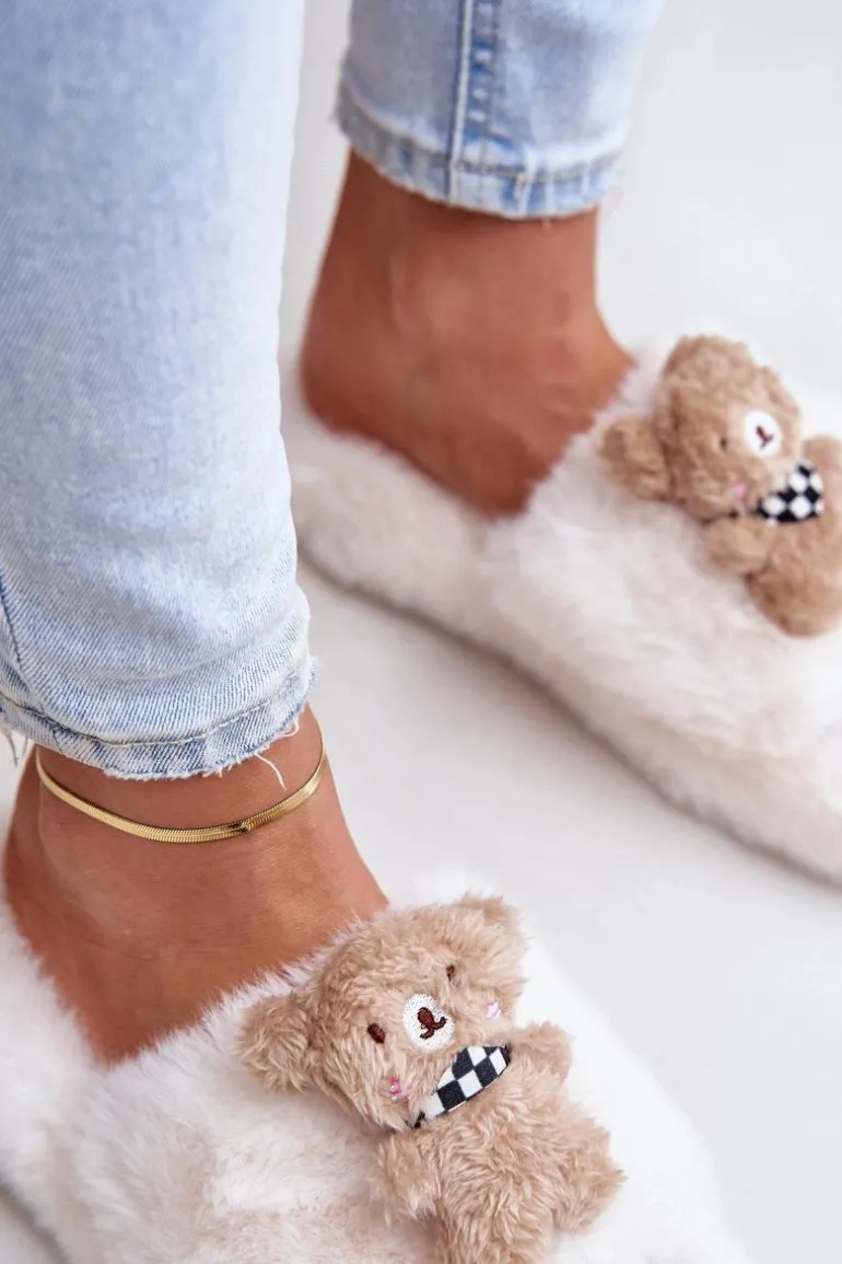 Futrzane Kapcie Damskie Z Misiem Białe Romania