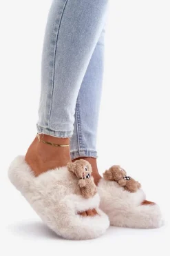 Futrzane Kapcie Damskie Z Misiem Białe Romania