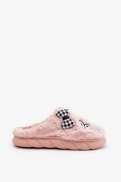 Futrzane Kapcie Damskie Z Naszywkami I Kokardką Różowe Linnorelia