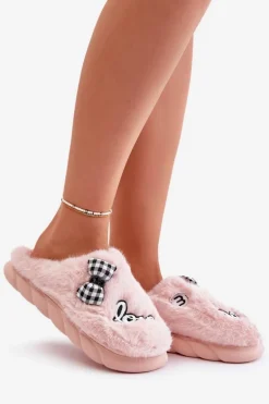 Futrzane Kapcie Damskie Z Naszywkami I Kokardką Różowe Linnorelia