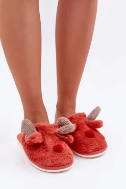 Futrzane Kapcie Damskie Z Motywem Renifera Koralowe Sennalith