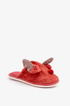 Futrzane Kapcie Damskie Z Motywem Renifera Koralowe Sennalith