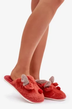 Futrzane Kapcie Damskie Z Motywem Renifera Koralowe Sennalith