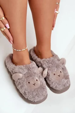 Futrzane Kapcie Damskie Z Motywem Owcy Ciemnobeżowe Phaeia