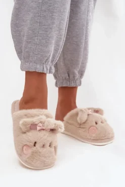 Futrzane Kapcie Damskie Z Uszkami I Kokardką Beżowe Corayne