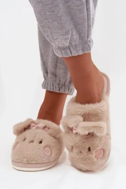 Futrzane Kapcie Damskie Z Uszkami I Kokardką Beżowe Corayne