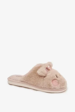 Futrzane Kapcie Damskie Z Uszkami I Kokardką Beżowe Corayne