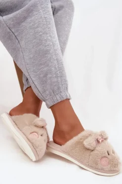 Futrzane Kapcie Damskie Z Uszkami I Kokardką Beżowe Corayne
