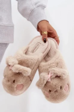 Futrzane Kapcie Damskie Z Uszkami I Kokardką Beżowe Corayne