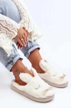 Futrzane Kapcie Damskie Z Króliczkiem Białe Dolcevia