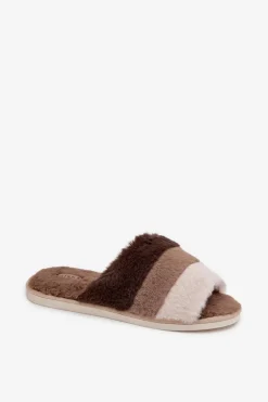 Futrzane Kapcie Damskie Z Paskami Brązowe Tahlisse