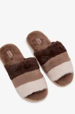 Futrzane Kapcie Damskie Z Paskami Brązowe Tahlisse