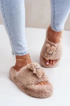 Futrzane Kapcie Damskie Z Misiem Beżowe Romania