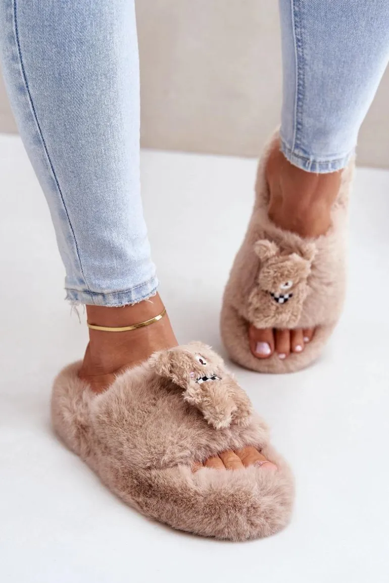 Futrzane Kapcie Damskie Z Misiem Beżowe Romania