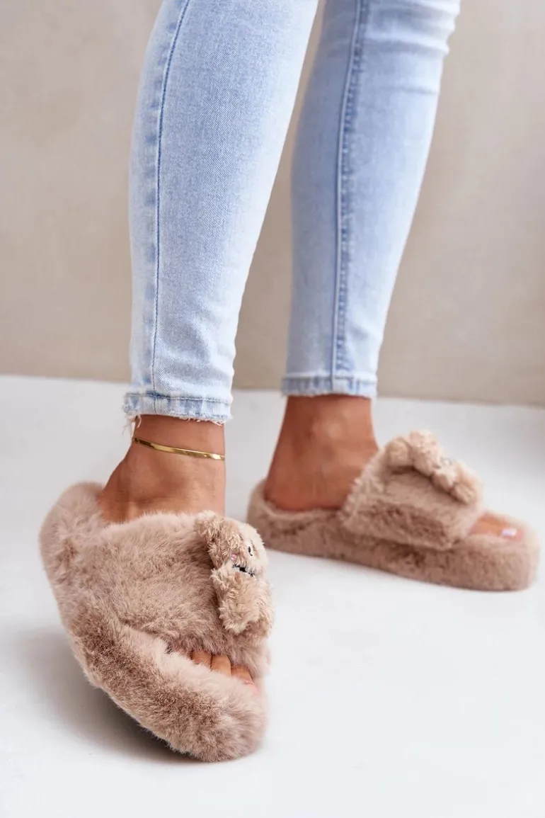 Futrzane Kapcie Damskie Z Misiem Beżowe Romania