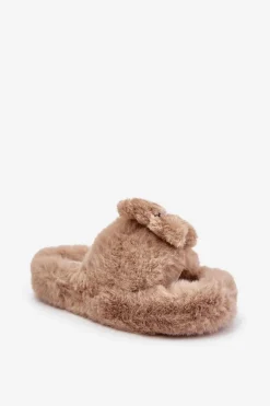 Futrzane Kapcie Damskie Z Misiem Beżowe Romania