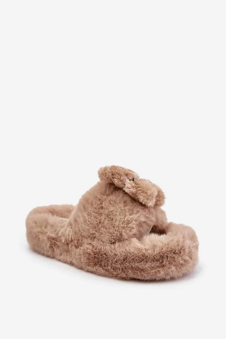 Futrzane Kapcie Damskie Z Misiem Beżowe Romania