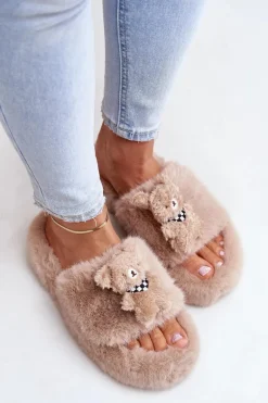 Futrzane Kapcie Damskie Z Misiem Beżowe Romania