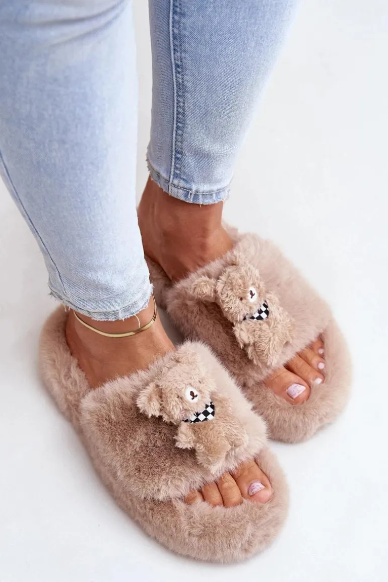 Futrzane Kapcie Damskie Z Misiem Beżowe Romania