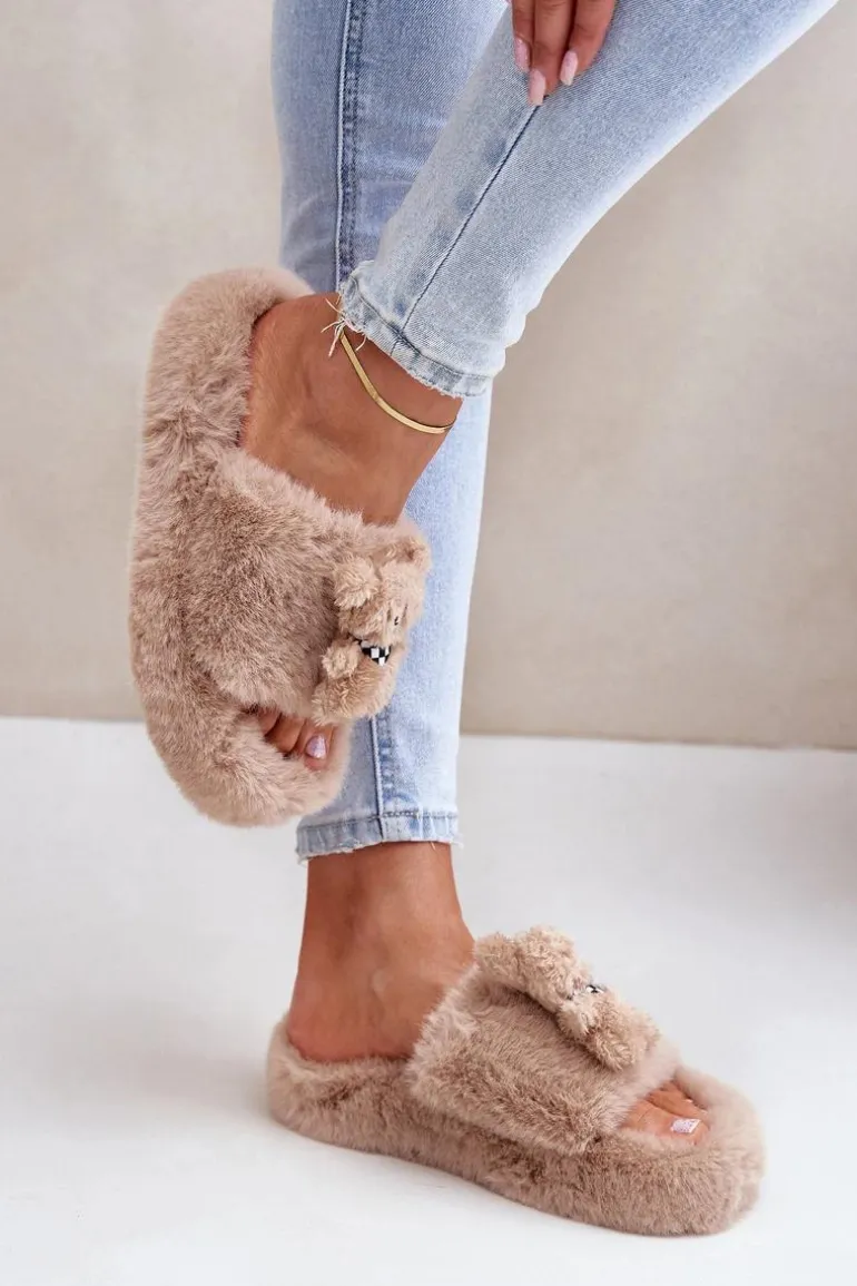 Futrzane Kapcie Damskie Z Misiem Beżowe Romania