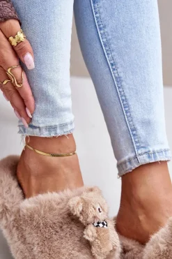 Futrzane Kapcie Damskie Z Misiem Beżowe Romania