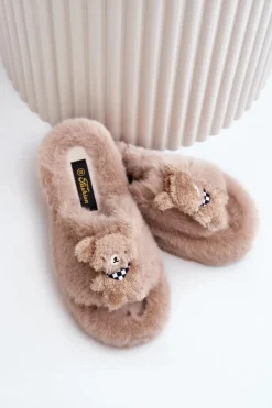 Futrzane Kapcie Damskie Z Misiem Beżowe Romania