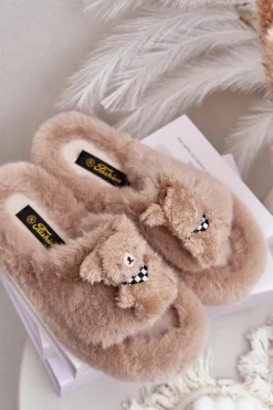 Futrzane Kapcie Damskie Z Misiem Beżowe Romania