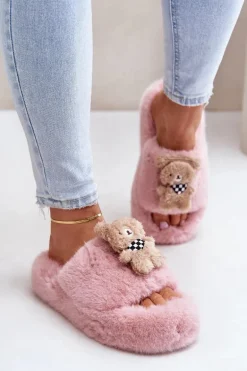 Futrzane Kapcie Damskie Z Misiem Różowe Romania