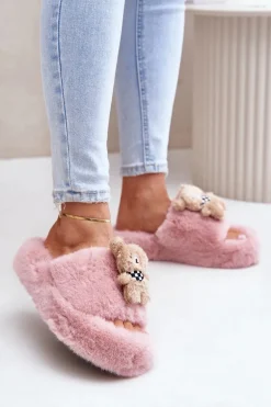 Futrzane Kapcie Damskie Z Misiem Różowe Romania
