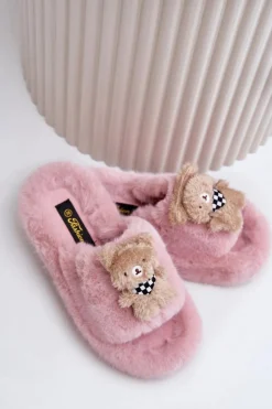 Futrzane Kapcie Damskie Z Misiem Różowe Romania