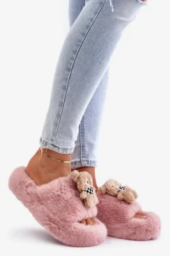 Futrzane Kapcie Damskie Z Misiem Różowe Romania