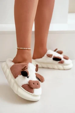 Futrzane Kapcie Krowy Damskie Brązowe Remiola