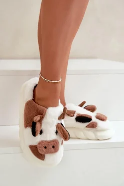 Futrzane Kapcie Krowy Damskie Brązowe Remiola
