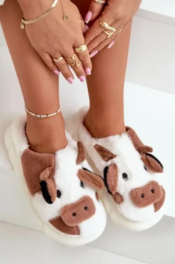 Futrzane Kapcie Krowy Damskie Brązowe Remiola