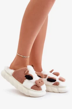 Futrzane Kapcie Krowy Damskie Brązowe Remiola