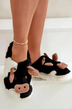 Futrzane Kapcie Krowy Damskie Czarne Remiola